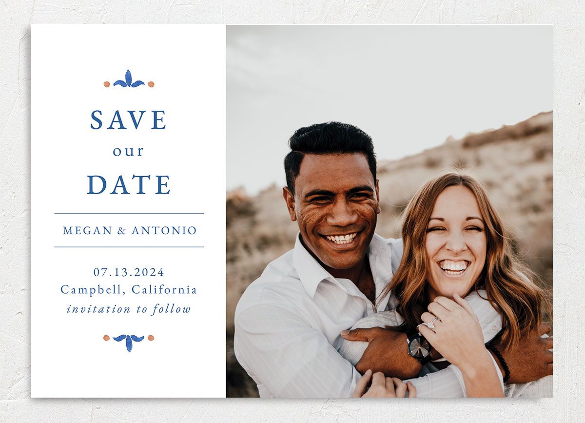 Spanish Mosaic Save the Date Cards front in French Blue