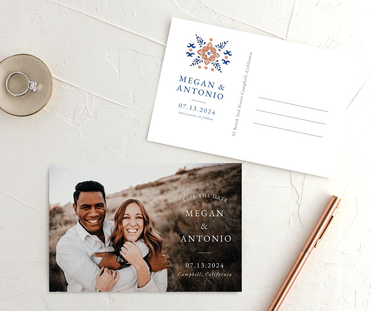 Spanish Mosaic Save the Date Postcards front-and-back in French Blue