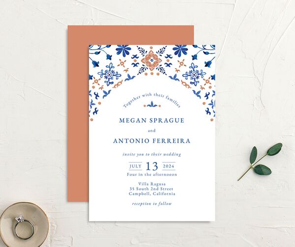 Spanish Mosaic Wedding Invitations front-and-back in French Blue