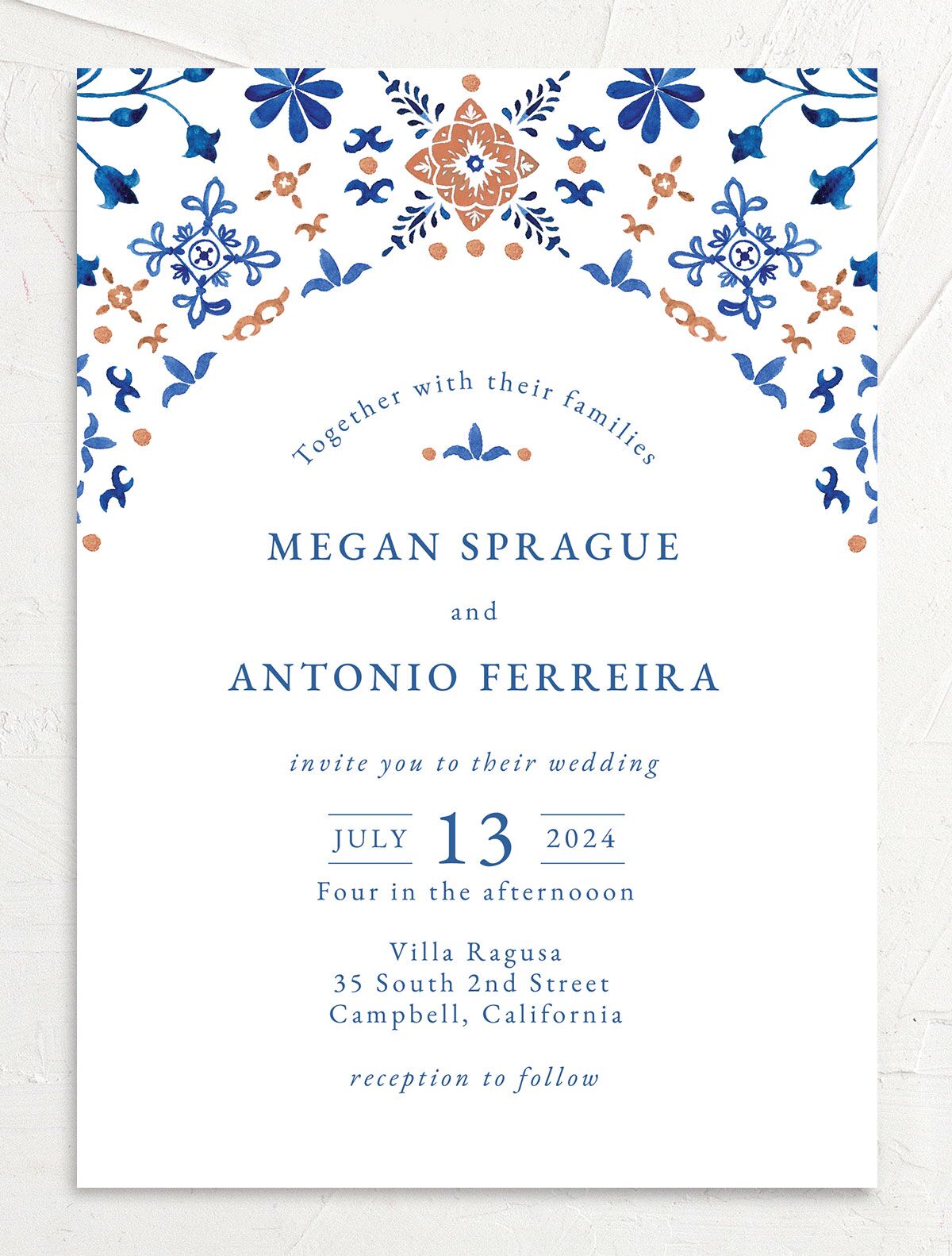 Spanish Mosaic Wedding Invitations front in French Blue