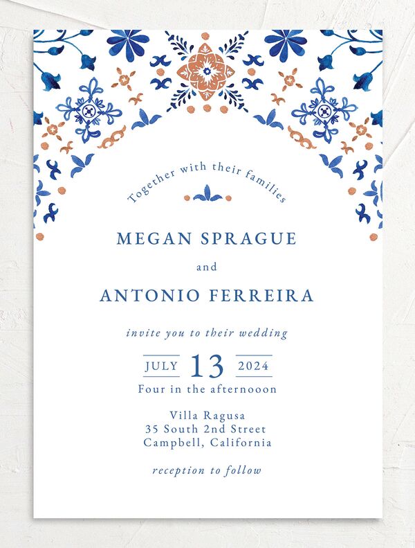Spanish Mosaic Wedding Invitations front in French Blue