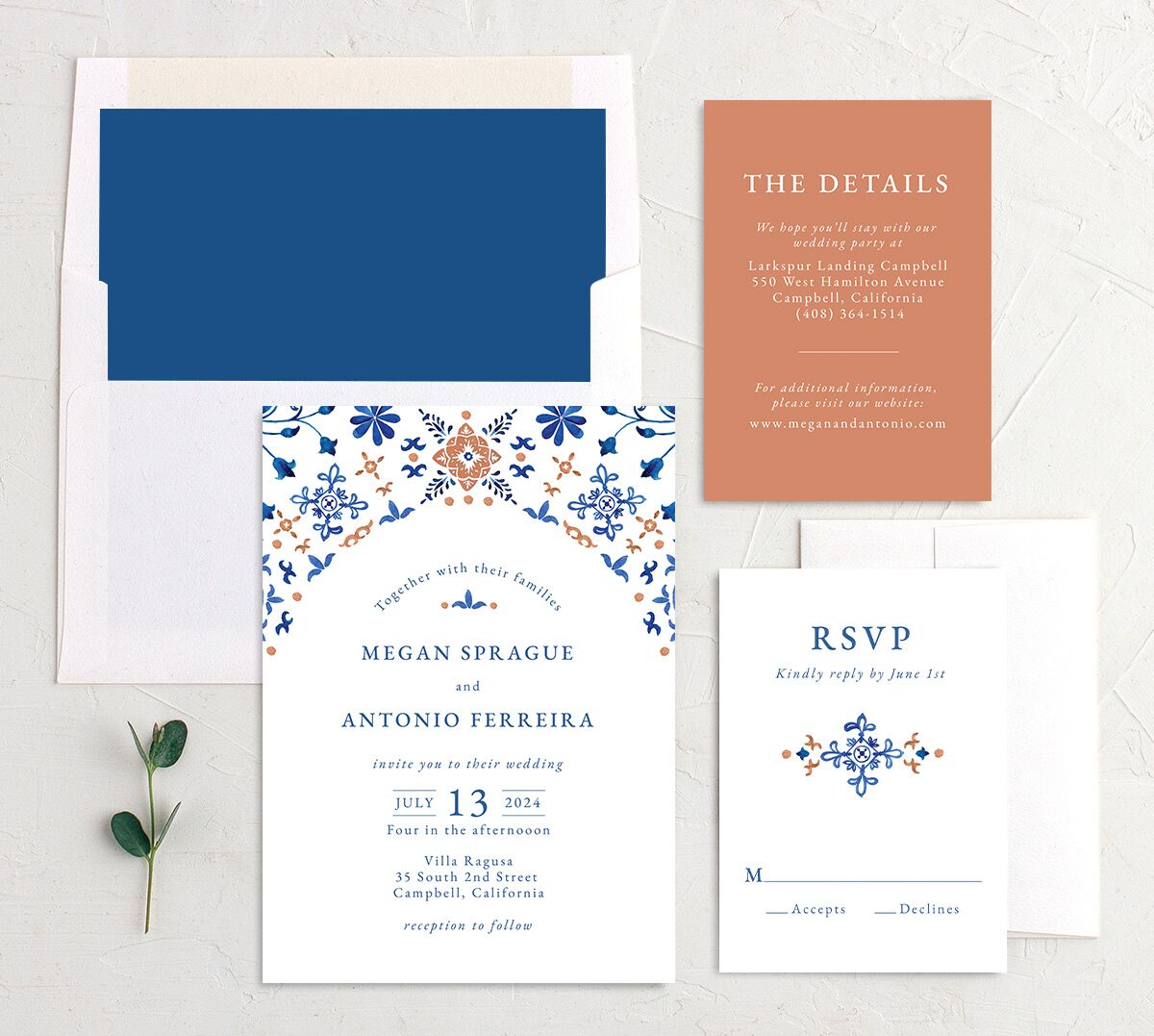 Spanish Mosaic Wedding Invitations suite in French Blue