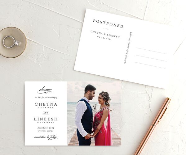 Classic Script Change the Date Postcards front-and-back in Pure White