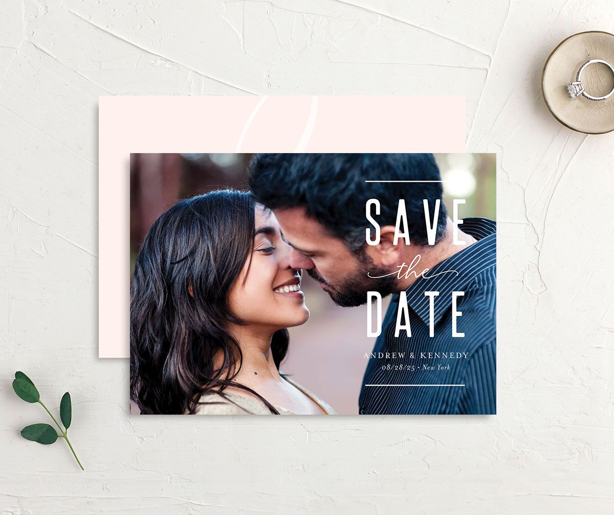 Timeless Flourish Save The Date Cards front-and-back in Rose Pink