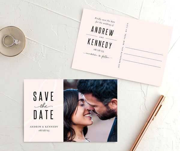 Timeless Flourish Save The Date Postcards front-and-back in Rose Pink