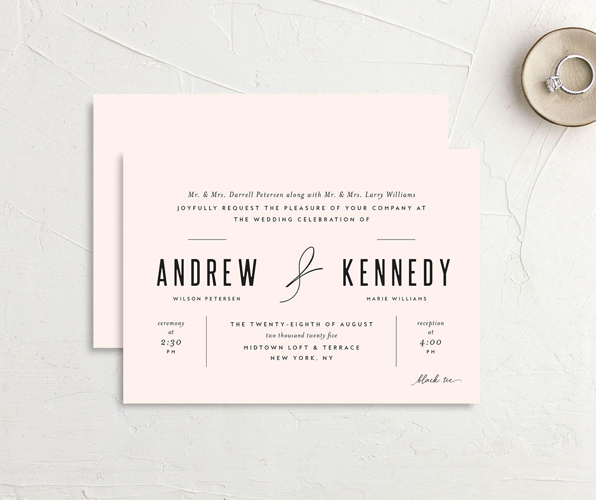 Timeless Flourish Wedding Invitations front-and-back in Rose Pink