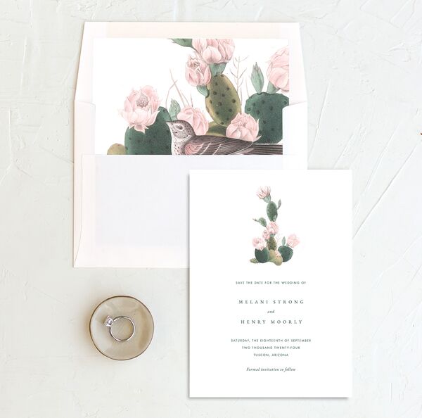 Cactus Blossom Save the Date Cards envelope-and-liner in Pure White