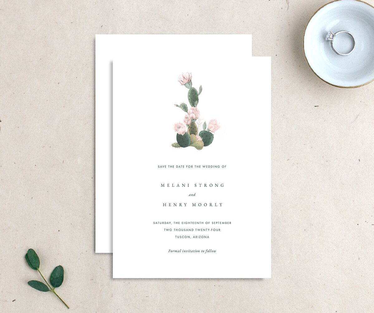 Cactus Blossom Save the Date Cards front-and-back in Pure White