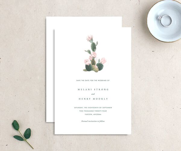 Cactus Blossom Save the Date Cards front-and-back in Pure White