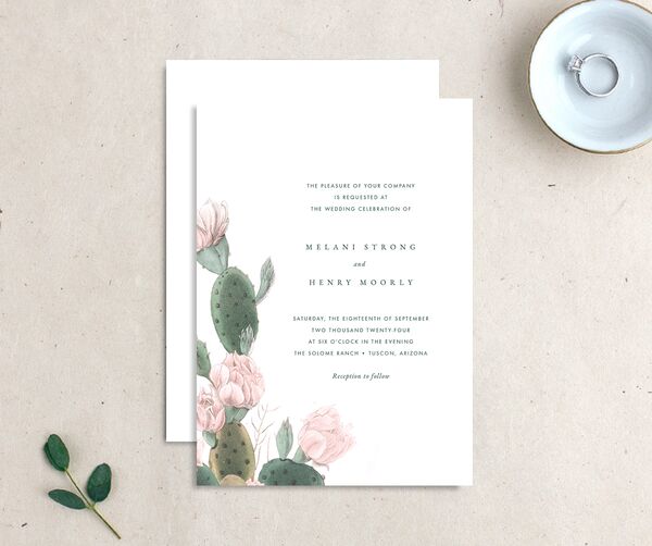 Cactus Blossom Wedding Invitations front-and-back in Pure White