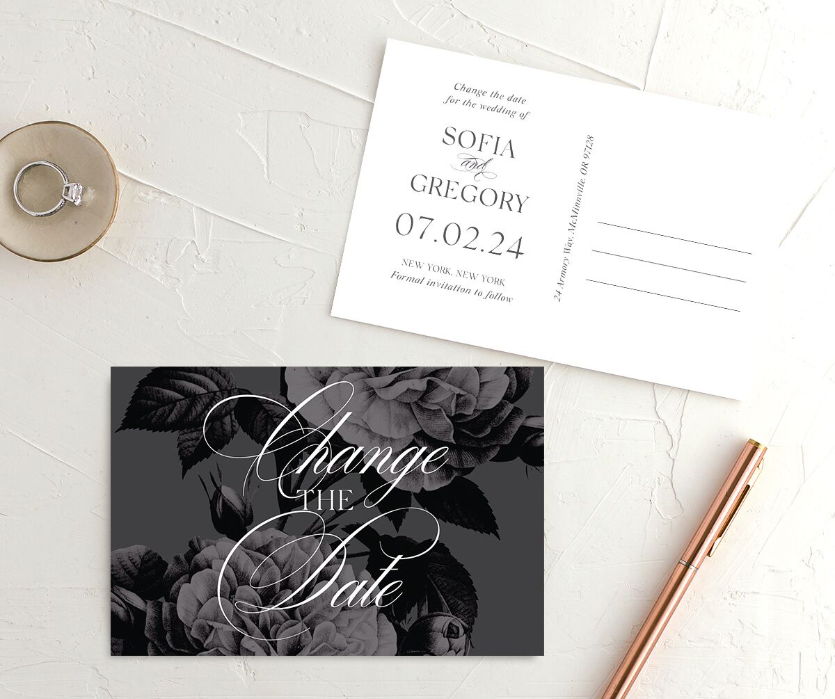 Classic Blooms Change the Date Postcards front-and-back in Pure White