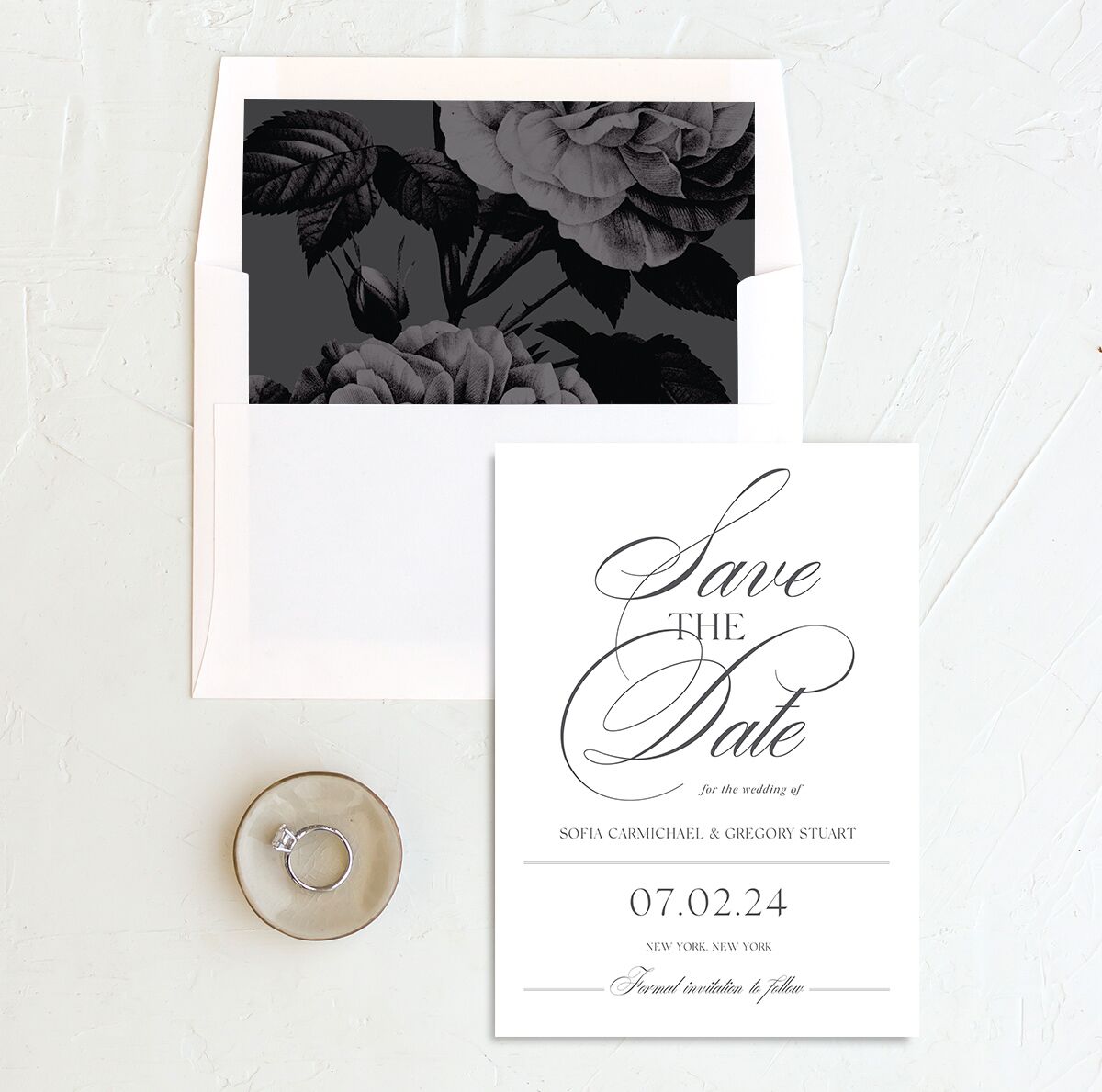 Classic Blooms Save The Date Cards envelope-and-liner in Pure White