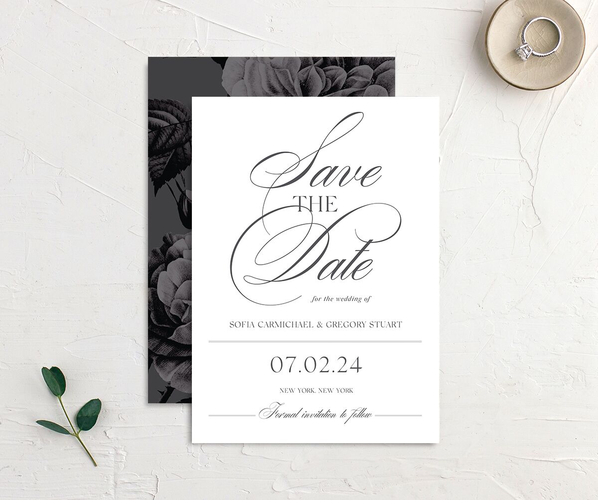 Classic Blooms Save The Date Cards front-and-back in Pure White