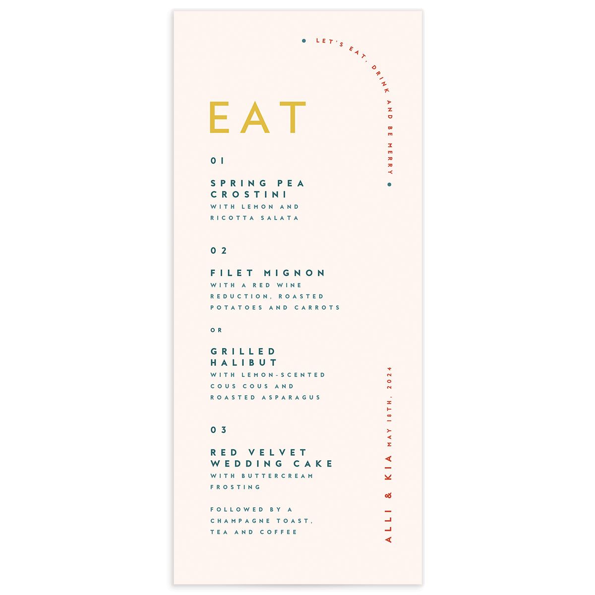 Contemporary Typography Menus front in Rose Pink