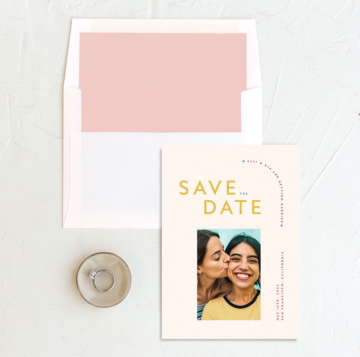 Contemporary Typography Save the Date Cards envelope-and-liner in Rose Pink