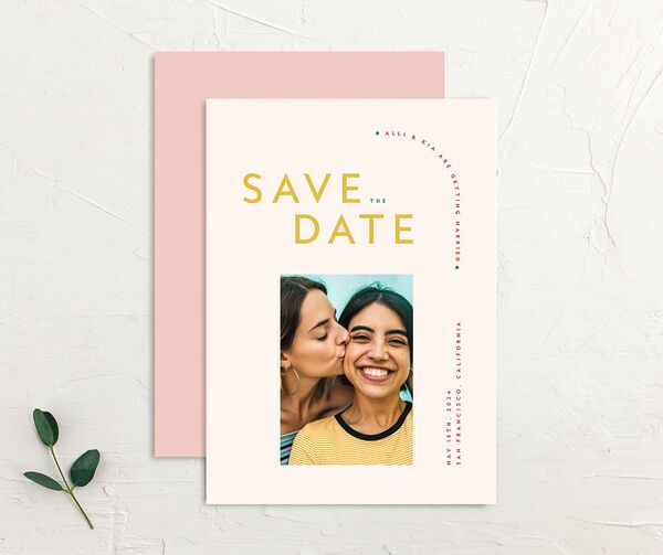 Contemporary Typography Save the Date Cards front-and-back in Rose Pink