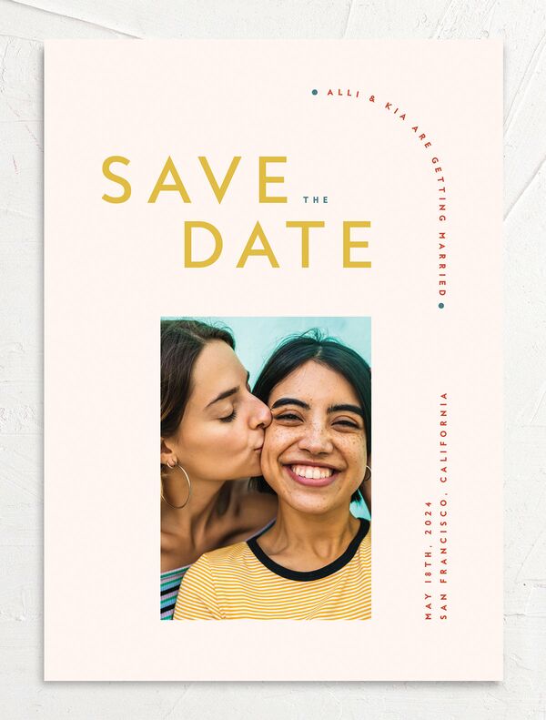 Contemporary Typography Save the Date Cards front in Rose Pink