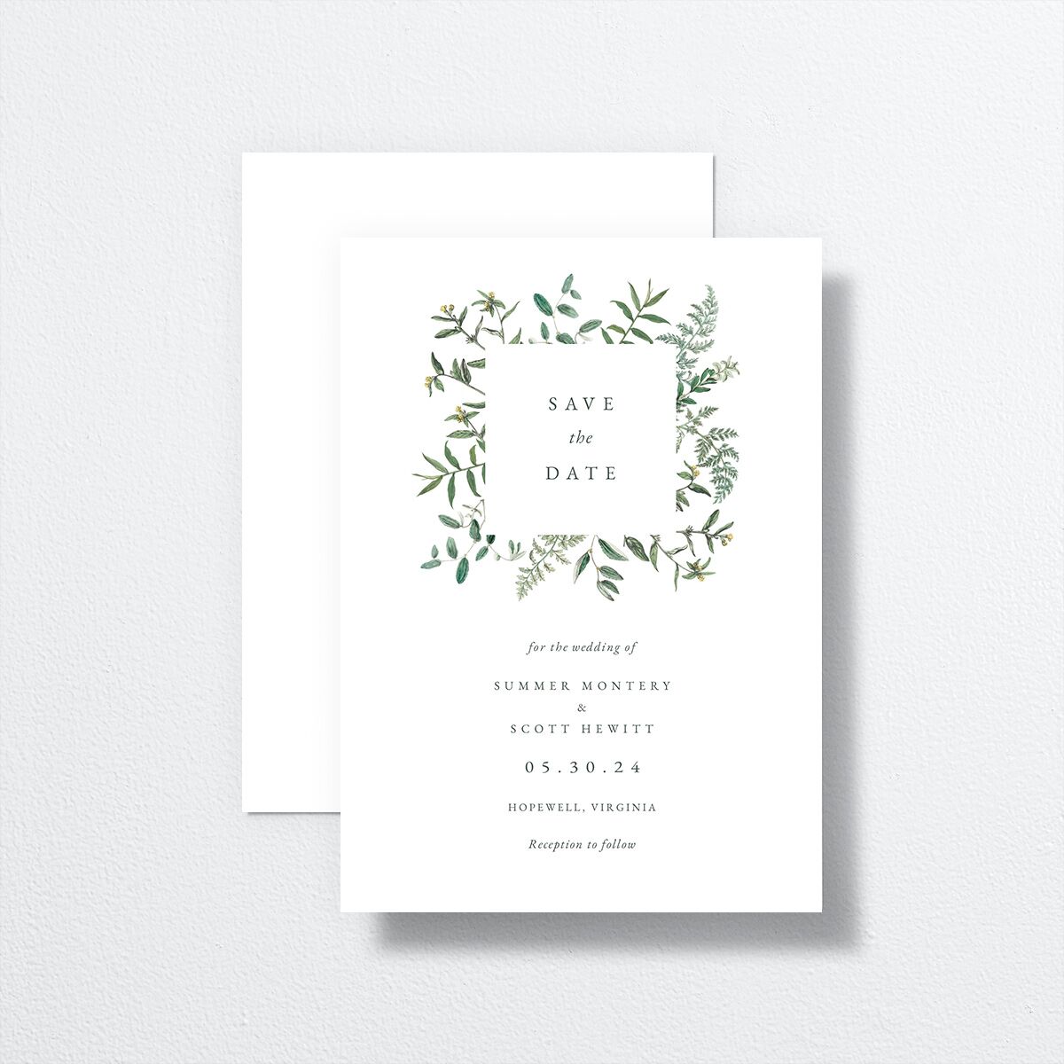 Wildflower Frame Save The Date Cards front-and-back in Pure White