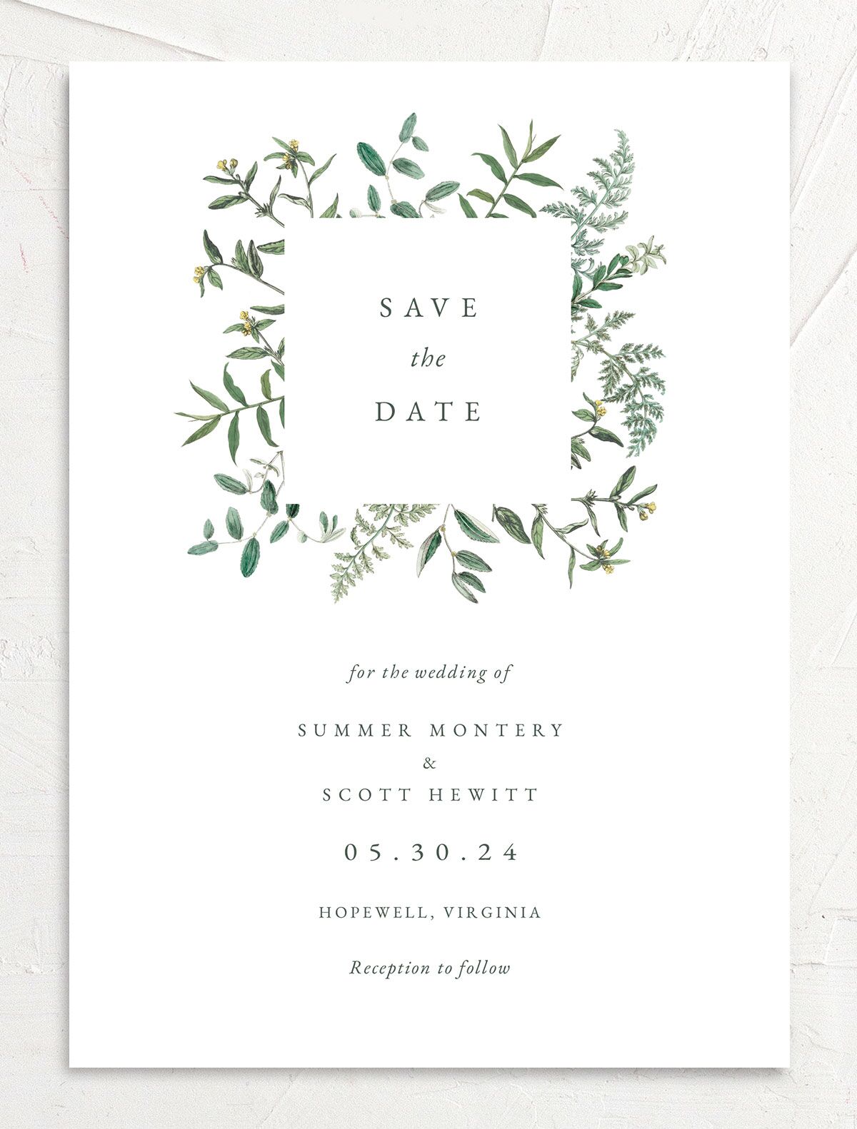 Wildflower Frame Save The Date Cards front in Pure White