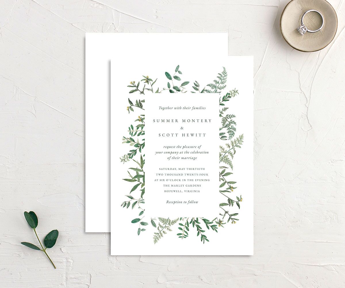 Wildflower Frame Wedding Invitations front-and-back in Pure White