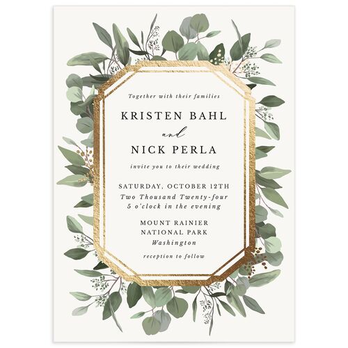 Eucalyptus Frame Foil Wedding Invitations - Pure White