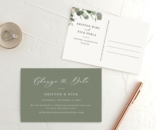 Painted Eucalyptus Change the Date Postcards front-and-back in Pure White