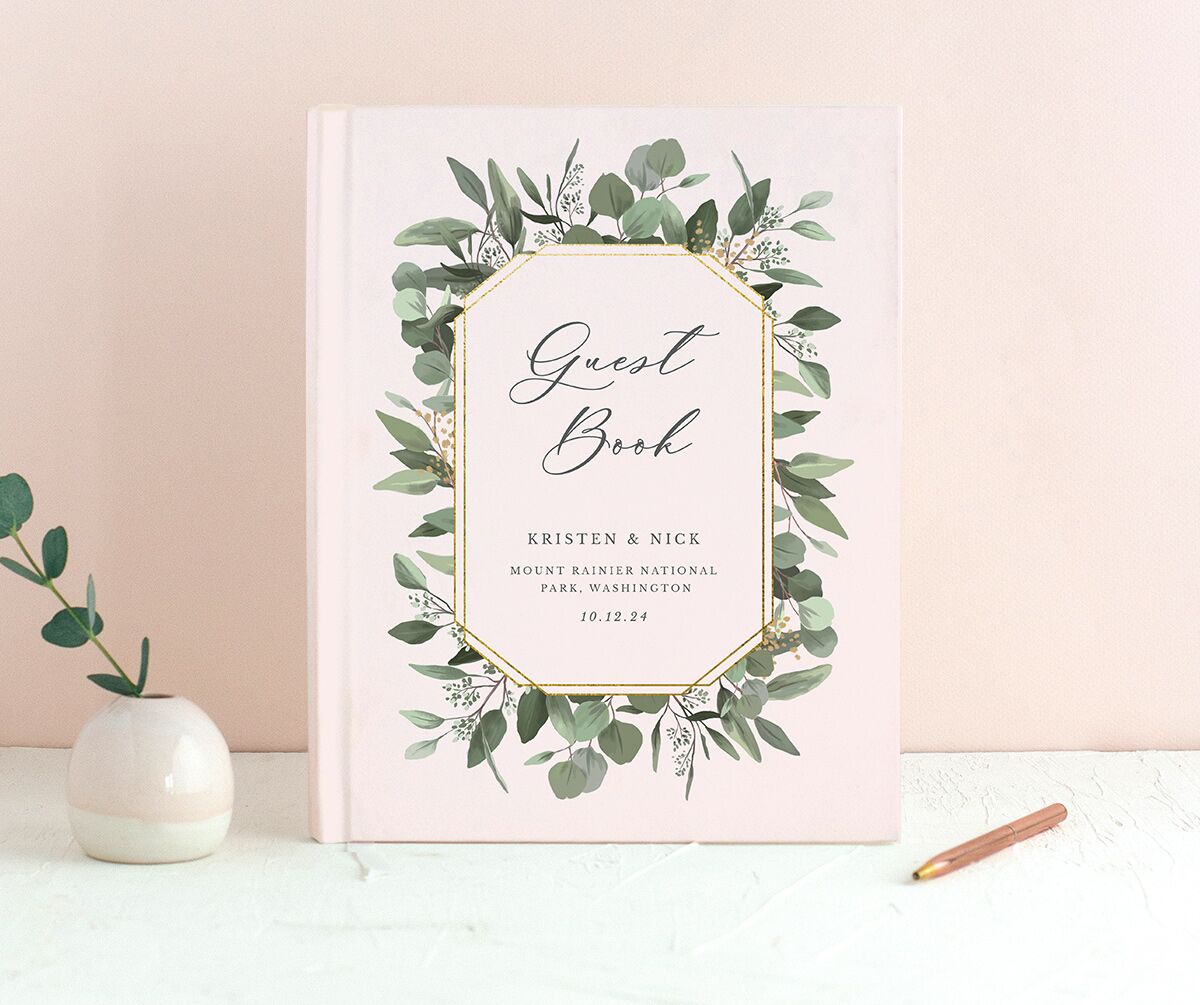 Painted Eucalyptus Wedding Guest Book front in Rose Pink