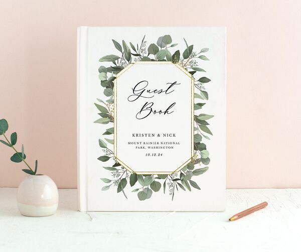 Painted Eucalyptus Wedding Guest Book front in Pure White