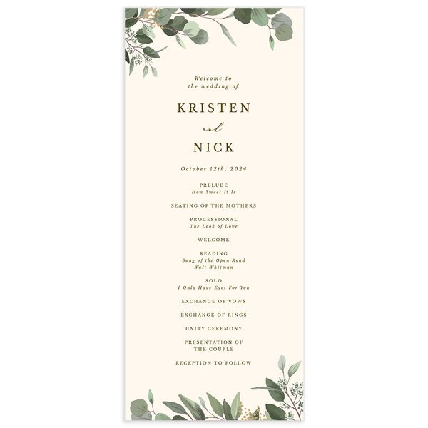 Painted Eucalyptus Wedding Programs front in Gold