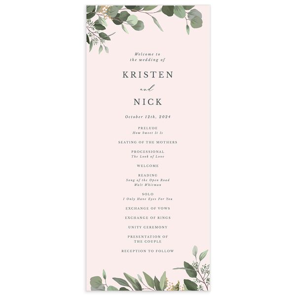 Painted Eucalyptus Wedding Programs front in Rose Pink