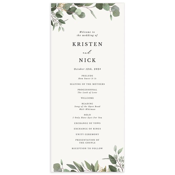 Painted Eucalyptus Wedding Programs front in Pure White