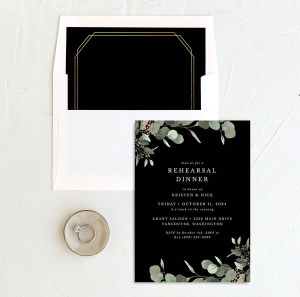 Painted Eucalyptus Rehearsal Dinner Invitations envelope-and-liner in Midnight