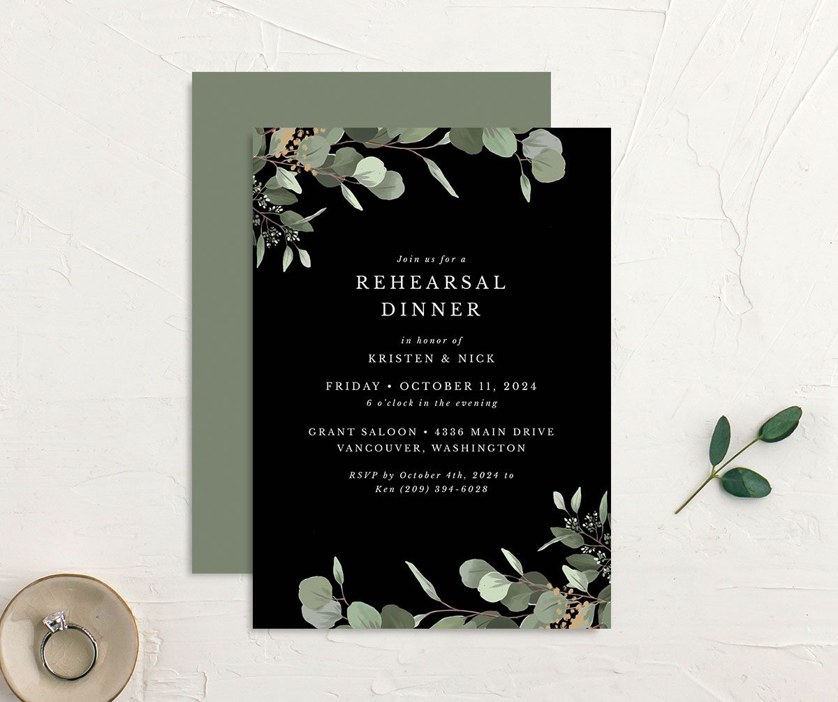 Painted Eucalyptus Rehearsal Dinner Invitations front-and-back in Midnight