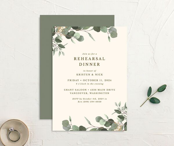 Painted Eucalyptus Rehearsal Dinner Invitations front-and-back in Dijon
