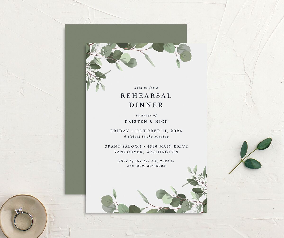 Painted Eucalyptus Rehearsal Dinner Invitations front-and-back in Grey