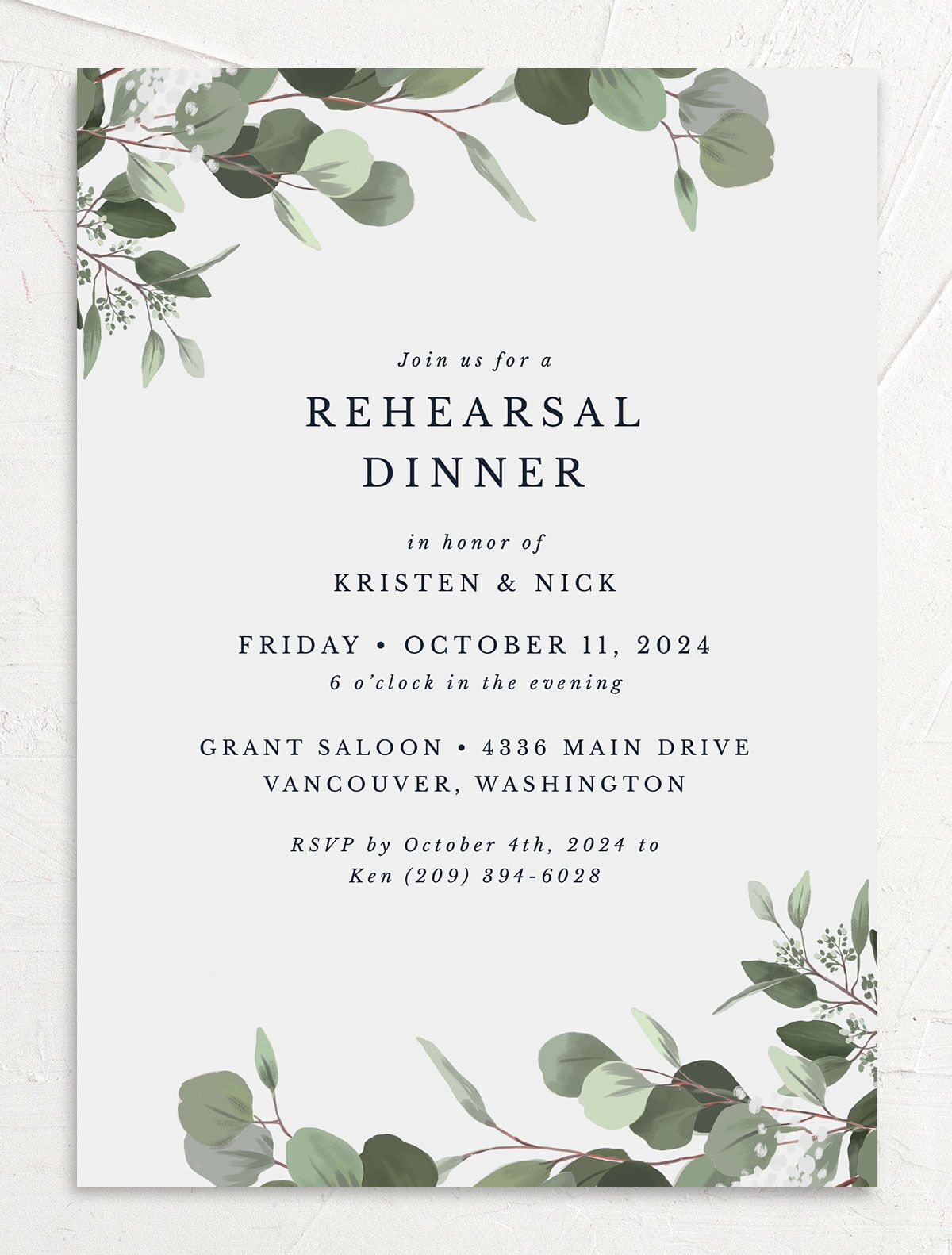 Painted Eucalyptus Rehearsal Dinner Invitations front in Grey