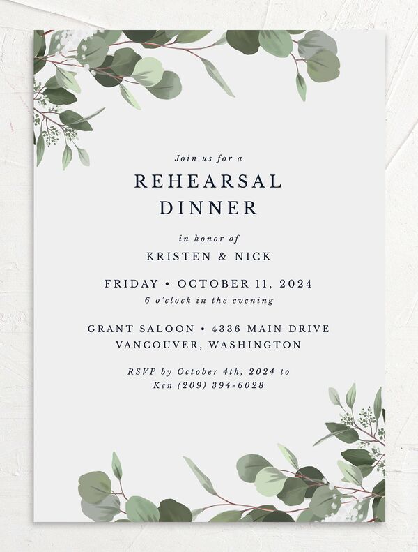 Painted Eucalyptus Rehearsal Dinner Invitations front in Grey