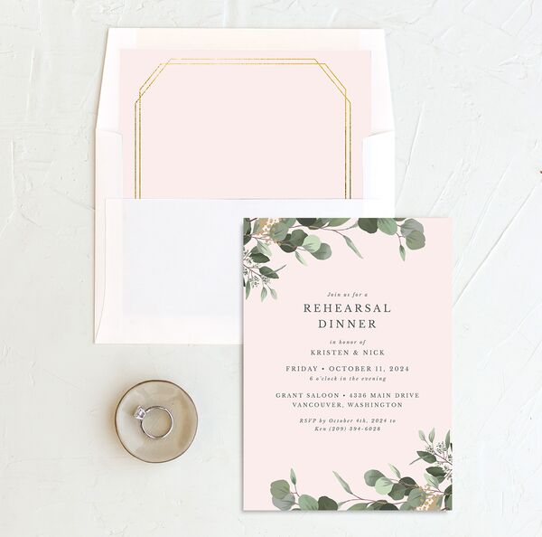 Painted Eucalyptus Rehearsal Dinner Invitations envelope-and-liner in Rose Pink