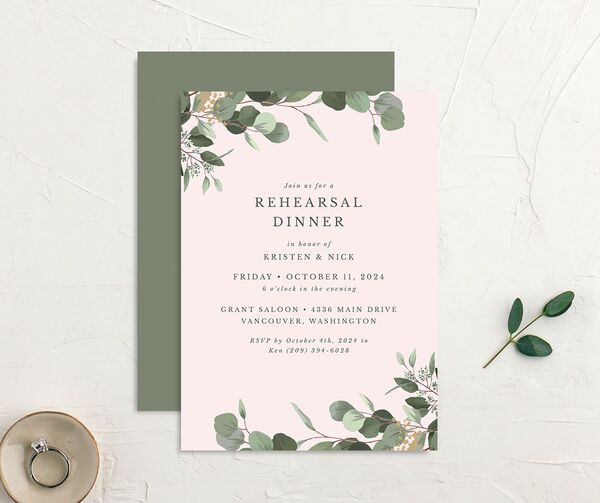 Painted Eucalyptus Rehearsal Dinner Invitations front-and-back in Rose Pink
