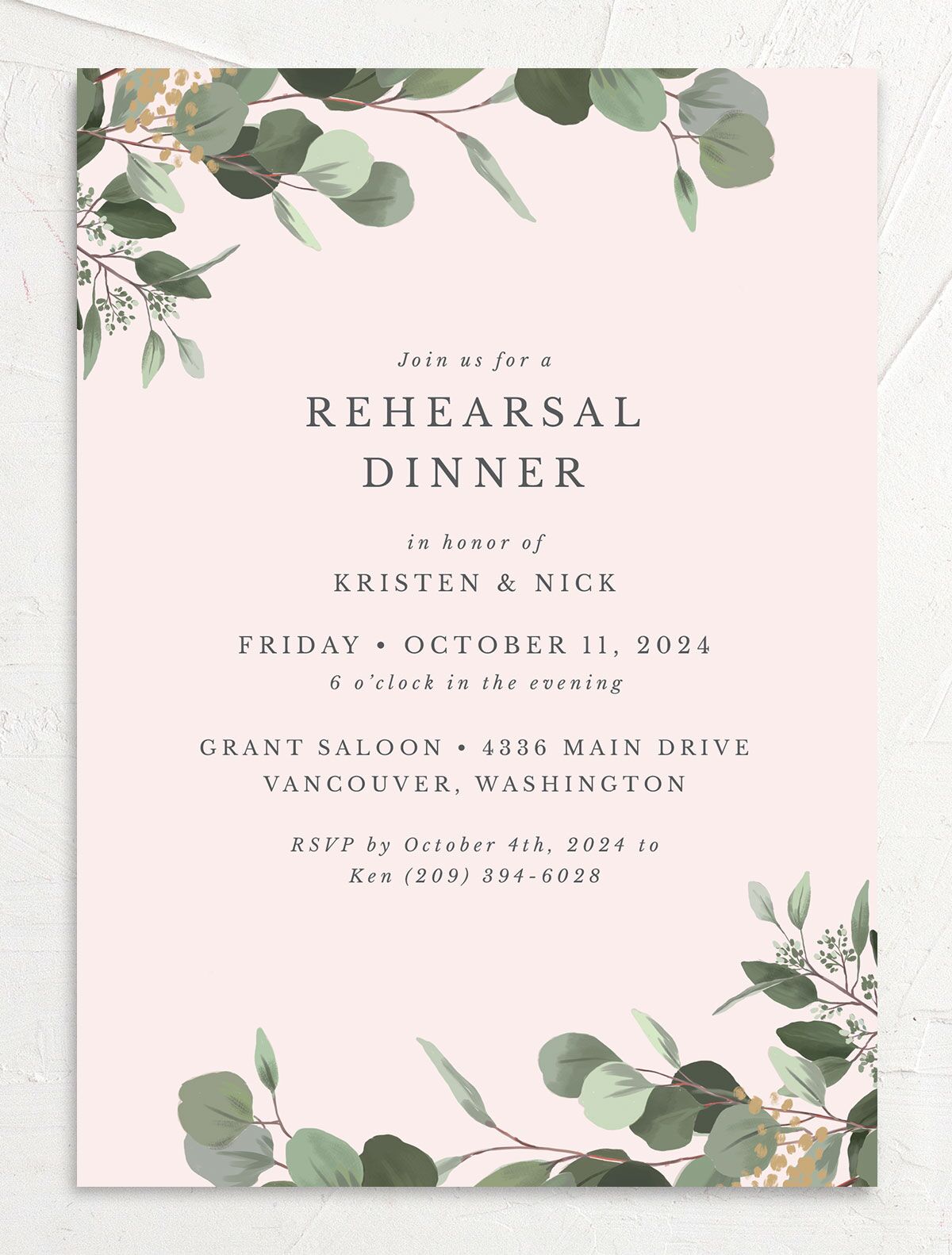 Painted Eucalyptus Rehearsal Dinner Invitations front in Rose Pink