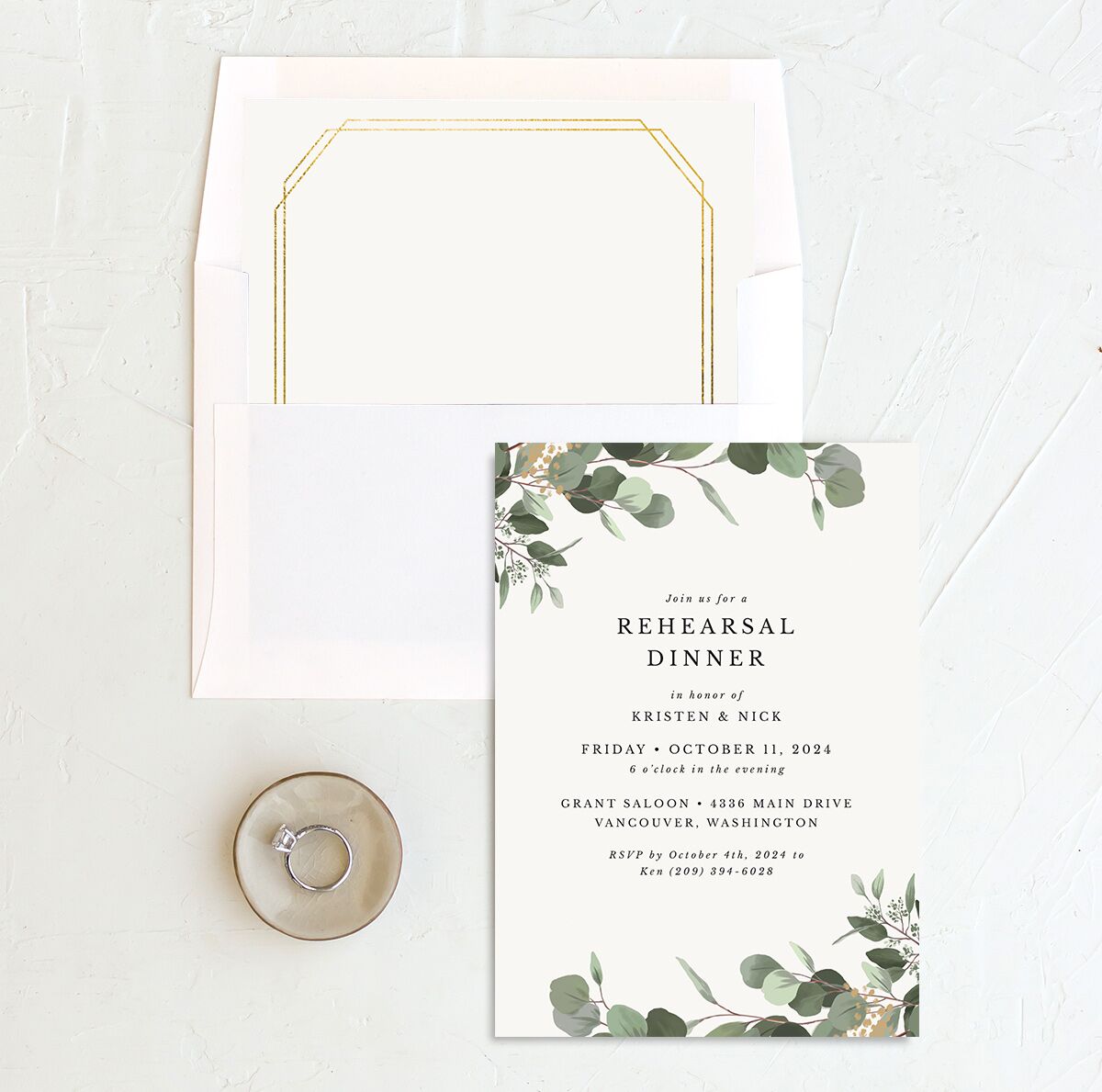 Painted Eucalyptus Rehearsal Dinner Invitations envelope-and-liner in Pure White