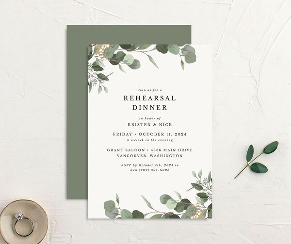 Painted Eucalyptus Rehearsal Dinner Invitations front-and-back in Pure White