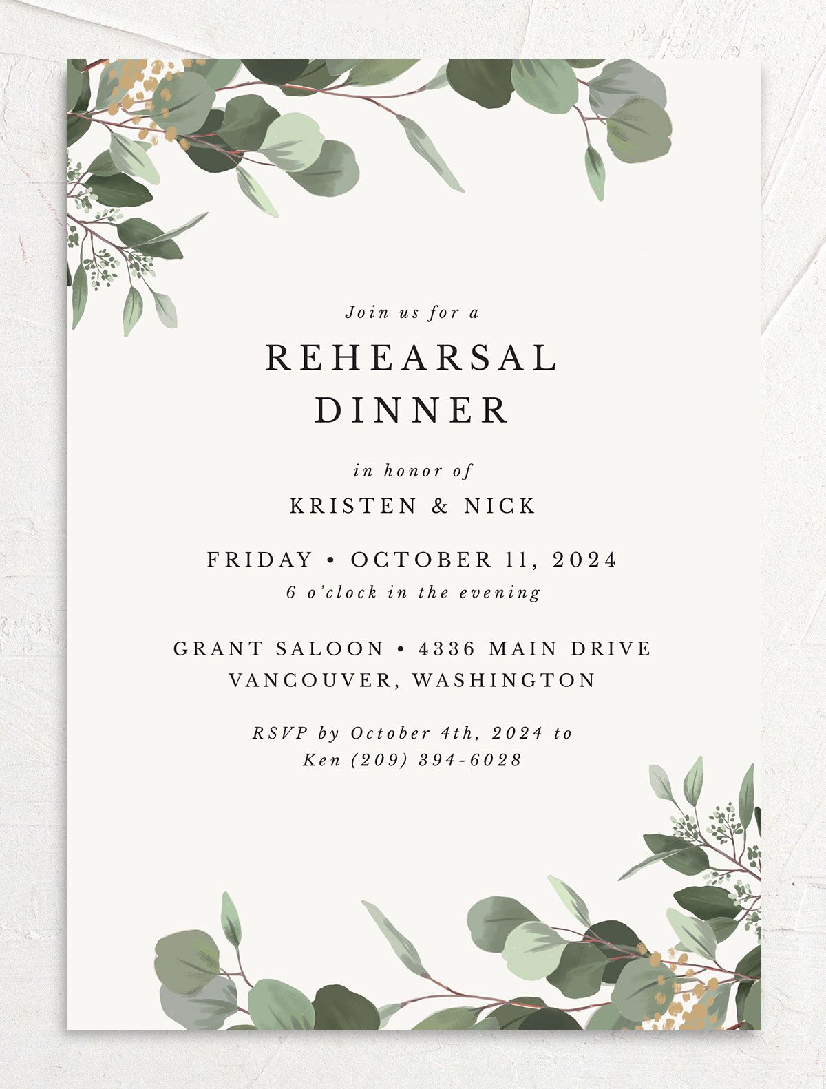 Painted Eucalyptus Rehearsal Dinner Invitations front in White