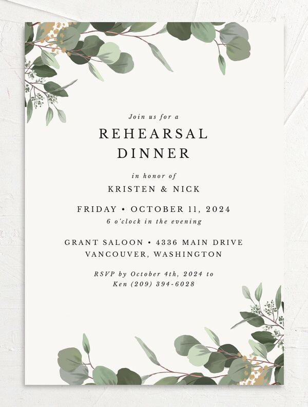 Painted Eucalyptus Rehearsal Dinner Invitations front in Pure White