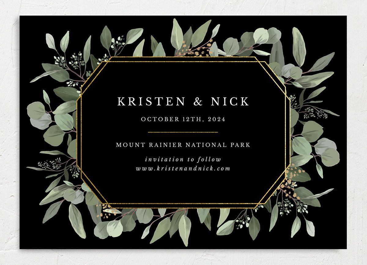 Painted Eucalyptus Save the Date Cards back in Midnight