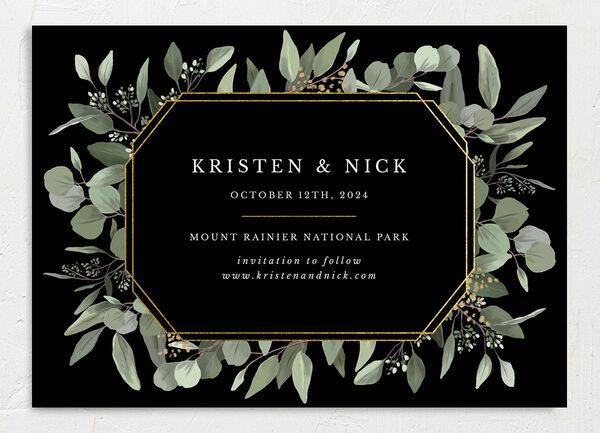 Painted Eucalyptus Save the Date Cards back in Black
