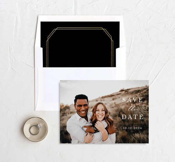 Painted Eucalyptus Save the Date Cards envelope-and-liner in Black