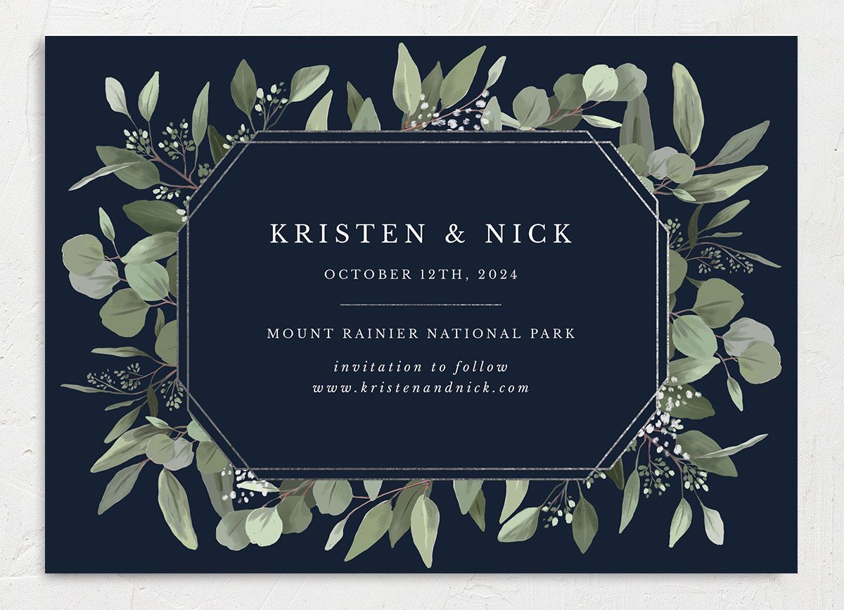 Painted Eucalyptus Save the Date Cards back in Blue