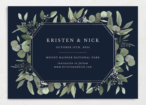 Painted Eucalyptus Save the Date Cards back in Blue