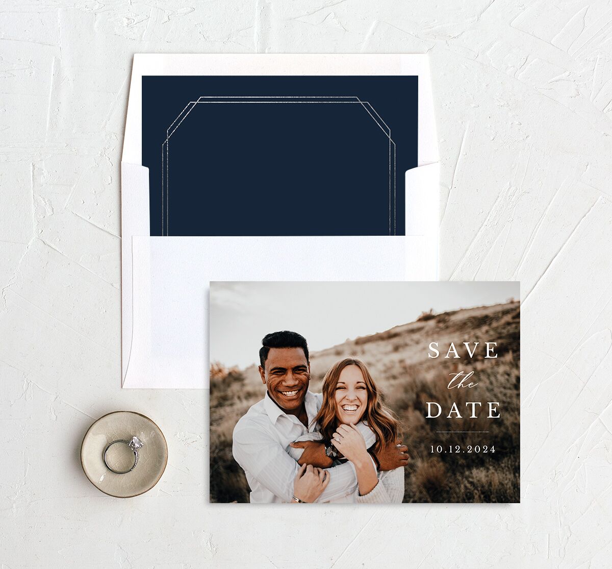 Painted Eucalyptus Save the Date Cards envelope-and-liner in Blue